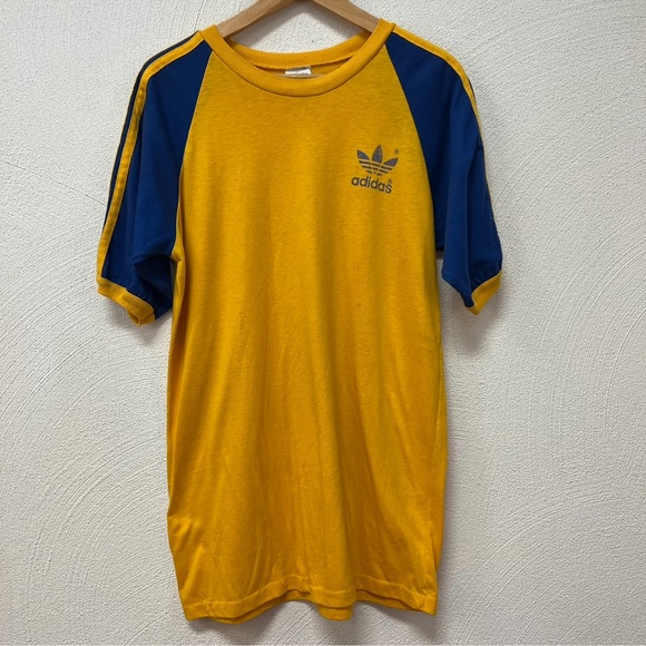 adidas Shirts Vintage Adidas 3 Stripes Yellow Blue Trefoil Mens Tee